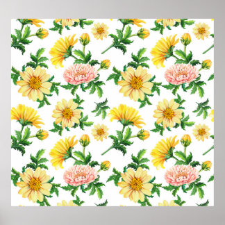 Chrysanten Waterverf: Naadloos bloemenontwerp Poster