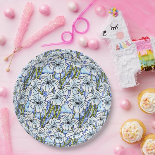 Chrysanten - wit, blauw, groen papieren bordje (Feest)