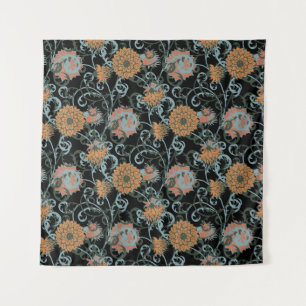 Chrysanten zwarte achtergrond, bloemige Vintage. Wandkleed