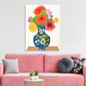 Chrysanthema's in een Blauwe Chinese Vase Canvas Afdruk (Insitu (Woonkamer))