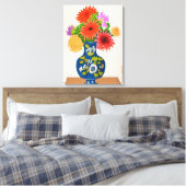 Chrysanthema's in een Blauwe Chinese Vase Canvas Afdruk (Insitu (Slaapkamer))