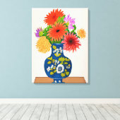 Chrysanthema's in een Blauwe Chinese Vase Canvas Afdruk (Insitu (Houten vloer))