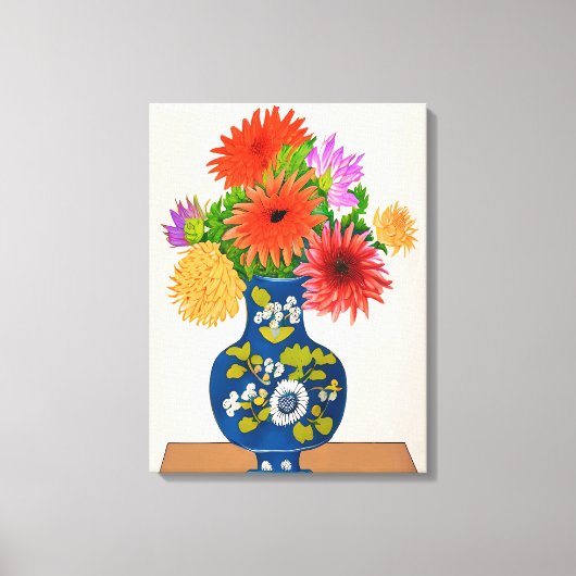 Chrysanthema's in een Blauwe Chinese Vase Canvas Afdruk (Voorkant)