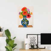Chrysanthema's in een Blauwe Chinese Vase Poster (Thuiskantoor)