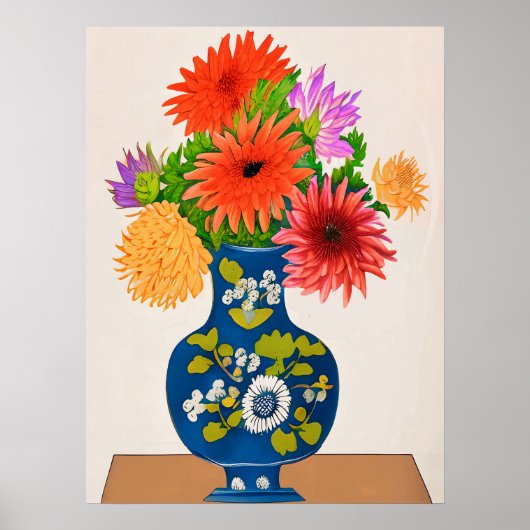 Chrysanthema's in een Blauwe Chinese Vase Poster (Voorkant)