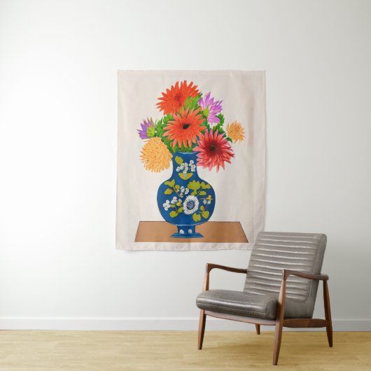 Chrysanthema's in een Blauwe Chinese Vase Wandkleed (In situ)