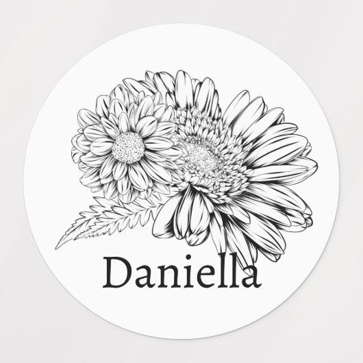 Chrysanthemum Black Line Drawing with Your Name  Labels (Design 2)