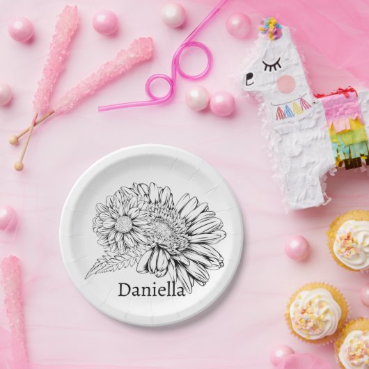 Chrysanthemum Black Line Drawing with Your Name  Papieren Bordje (Feest)