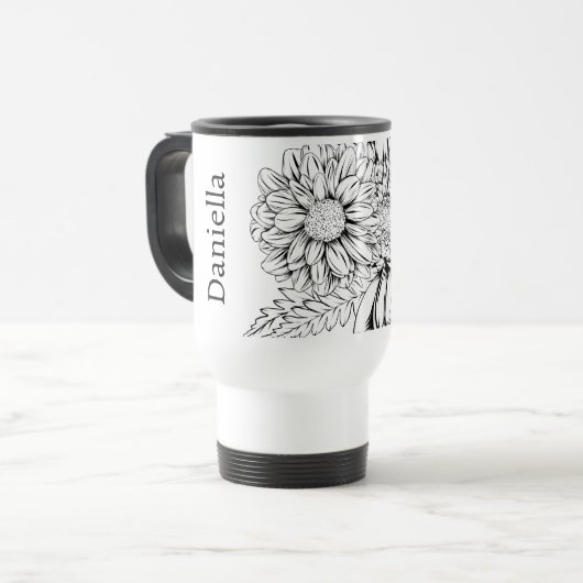 Chrysanthemum Black Line Drawing with Your Name  Reisbeker (Voorkant links)