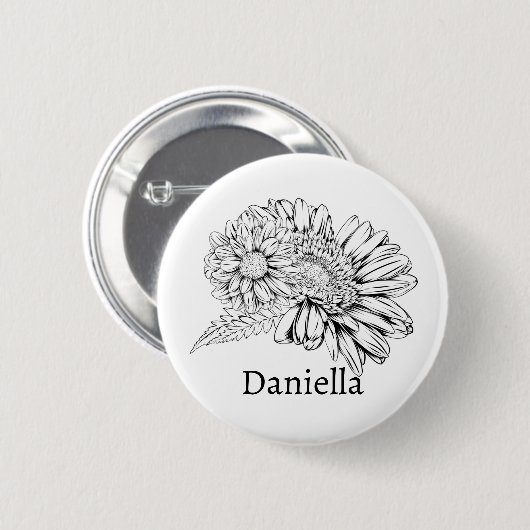 Chrysanthemum Black Line Drawing with Your Name  Ronde Button 5,7 Cm (Voorkant /achterkant)