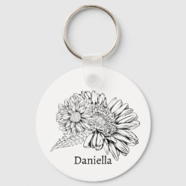Chrysanthemum Black Line Drawing with Your Name  Sleutelhanger