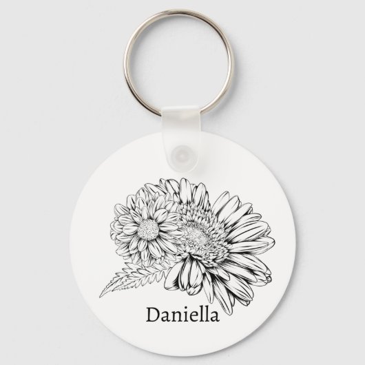 Chrysanthemum Black Line Drawing with Your Name  Sleutelhanger (Voorkant)