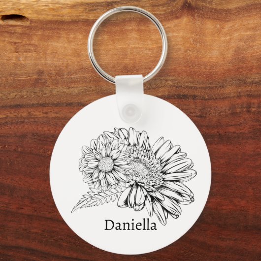 Chrysanthemum Black Line Drawing with Your Name Sleutelhanger (Voorkant)