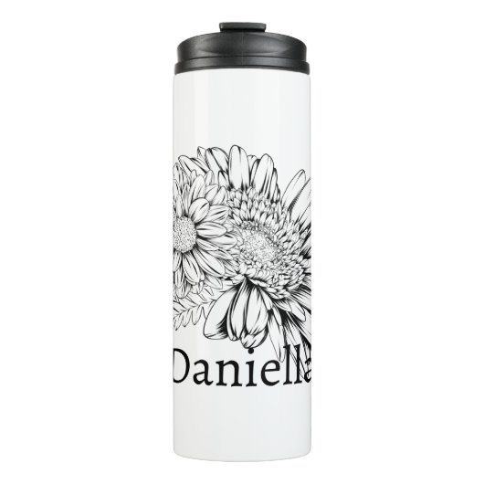 Chrysanthemum Black Line Drawing with Your Name  Thermosbeker (Voorkant)