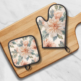 Chrysanthemum Bloemen Waterverf Botanisch Patroon Ovenwant & Pannenlap Set