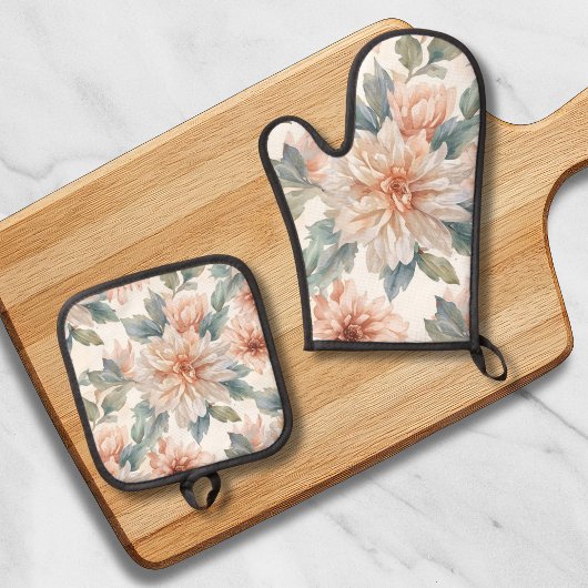 Chrysanthemum Bloemen Waterverf Botanisch Patroon Ovenwant & Pannenlap Set