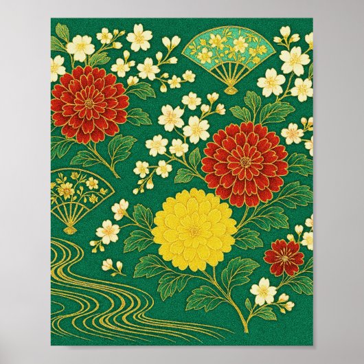 Chrysanthemum Breeze met Gouden Fans Poster (Voorkant)