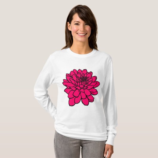 Chrysanthemum Drawing - Black en Neon Red T-shirt (Voorkant volledig)