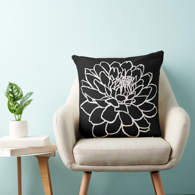 Chrysanthemum Drawing - White on Black Kussen (Stoel)