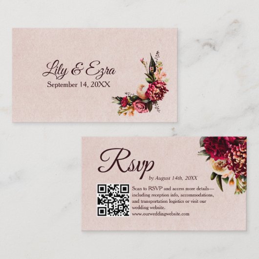 Chrysanthemum Elegant Bourgogne RSVP Card QR-code Informatiekaartje (Voorkant / Achterkant)