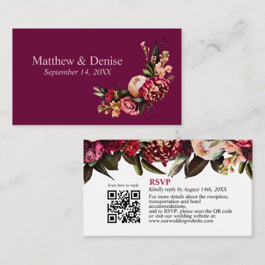 Chrysanthemum Elegant Burgundy RSVP-kaart QR-code Informatiekaartje (Voorkant / Achterkant)