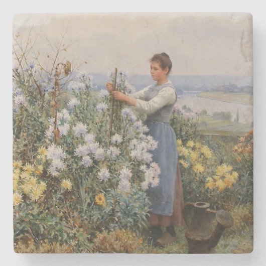 Chrysanthemum Flowers (Meisje in de tuin) Stenen Onderzetter (Voorkant)