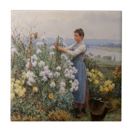 Chrysanthemum Flowers (Meisje in de tuin) Tegeltje