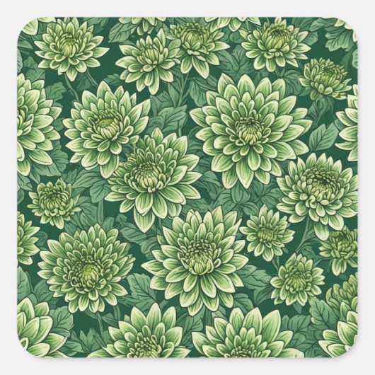 Chrysanthemum groen bloempatroon vierkante sticker (Voorkant)