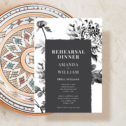 Chrysanthemum Ink Art repetitie Dinner Invitation Kaart