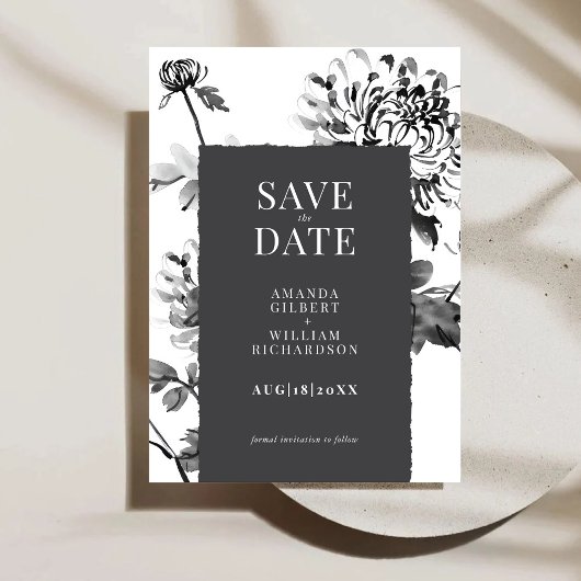 Chrysanthemum Ink Art Save the Date Kaart