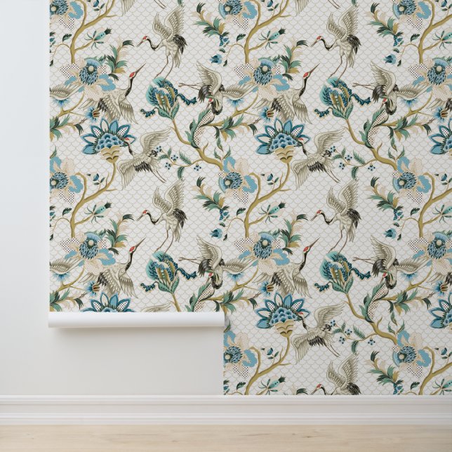 Chrysanthemum & Japanse rode gekroonde kraanvogel Behang (Applicatie)