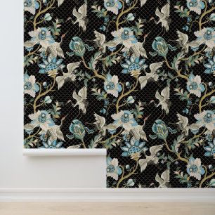 Chrysanthemum Japanse Rode Kroonkraan Vogel Zwart Behang