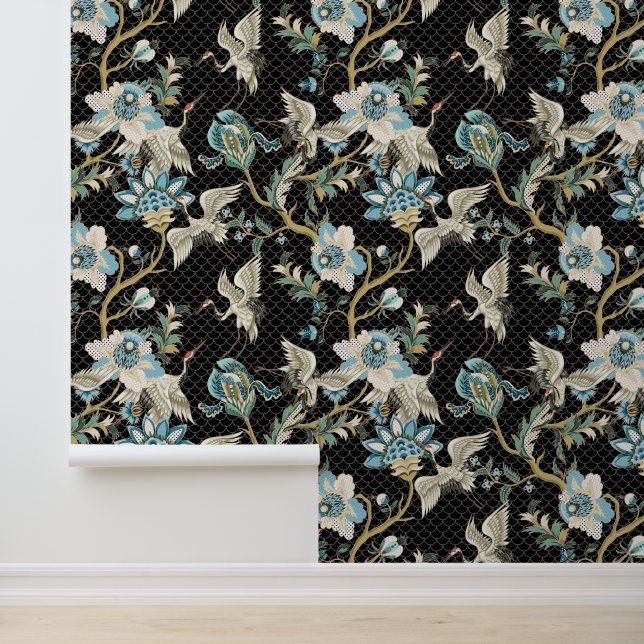 Chrysanthemum Japanse Rode Kroonkraan Vogel Zwart Behang (Applicatie)