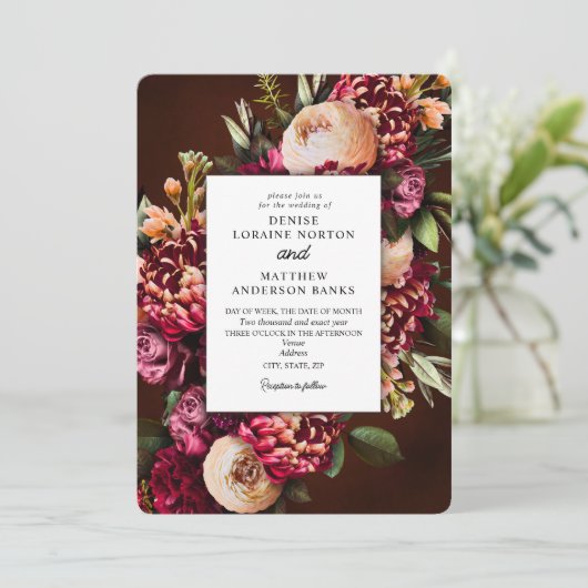 Chrysanthemum op uitnodiging voor een wijnbruiloft (Staand voorkant)