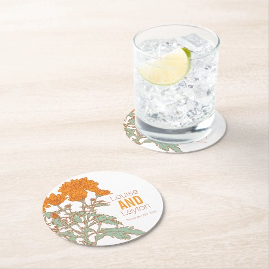 Chrysanthemum oranje bloem grafisch papier onderze ronde kartonnen onderzetter (Insitu)