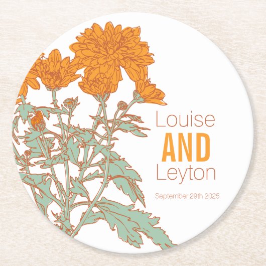 Chrysanthemum oranje bloem grafisch papier onderze ronde kartonnen onderzetter (Voorkant)