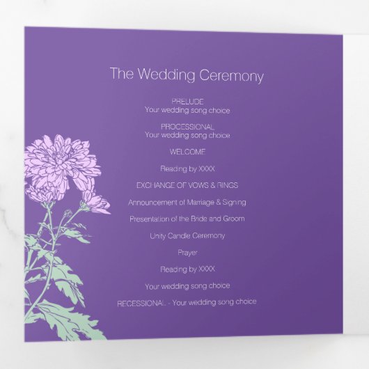 Chrysanthemum paarse bloemtekening drieluik programma (Binnenzijde eerst)