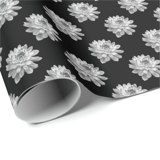 Chrysanthemum Pattern - Monochrome on Black Cadeaupapier (Rol Hoek)