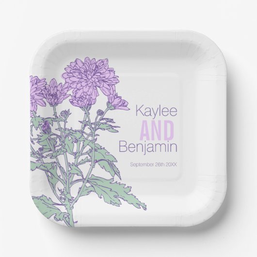 Chrysanthemum purperbloesbruiloft papieren bordje (Voorkant)
