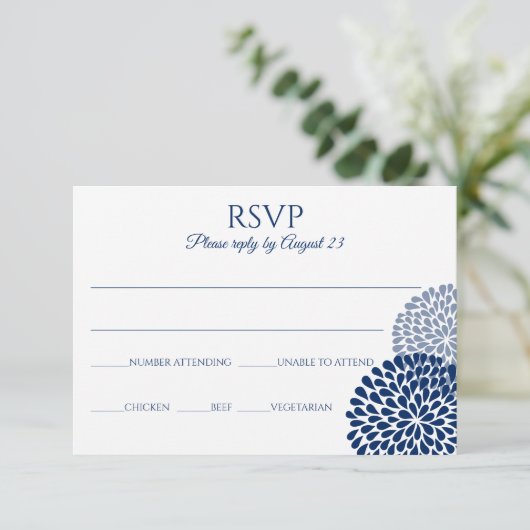 Chrysanthemum RSVP briefkaart | Marineblauw (Staand voorkant)