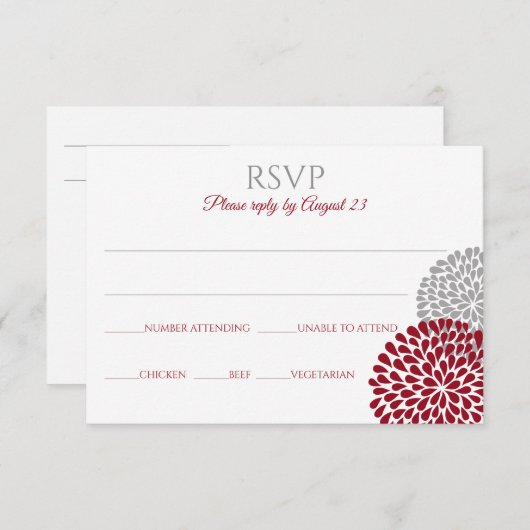 Chrysanthemum RSVP briefkaart | Marsala & Grijs (Voorkant / Achterkant)