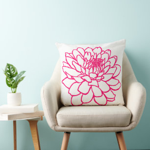 Chrysanthemum Tekening - Neon Red op wit Kussen
