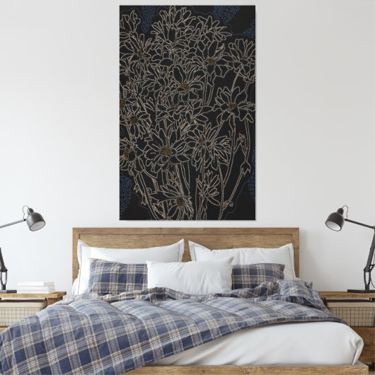 Chrysanthemum tuinbloemen zwart-oud metaal canvas afdruk (Insitu (Slaapkamer))