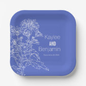 Chrysanthemum wit op blauwe bloemen bruiloft papieren bordje (Voorkant)