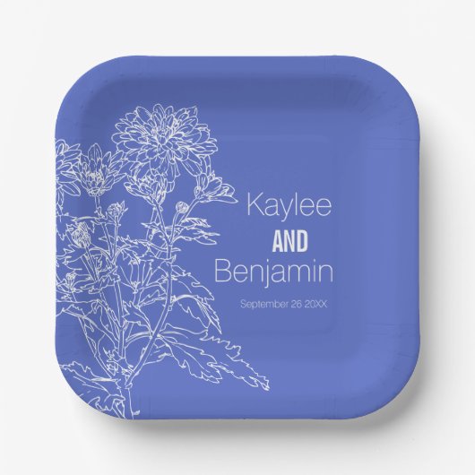 Chrysanthemum wit op blauwe bloemen bruiloft papieren bordje (Voorkant)