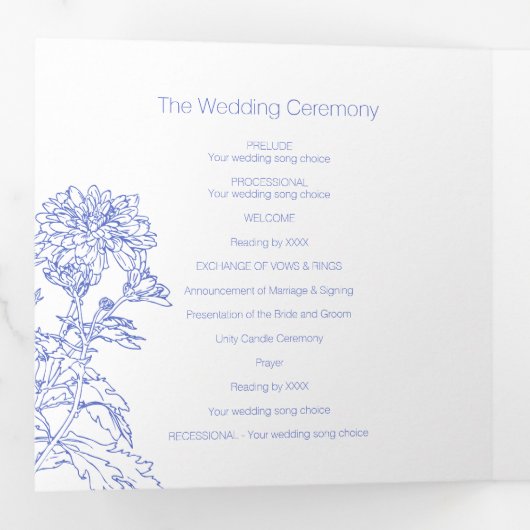 Chrysanthemum witte blauwe bloem tekening drieluik programma (Binnenzijde eerst)