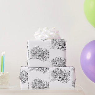 Chrysanthemum Zwarte Lijntekening met Uw Naam Cadeaupapier