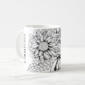 Chrysanthemum Zwarte Lijntekening met Uw Naam Koffiemok (Voorkant links)