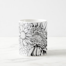 Chrysanthemum Zwarte Lijntekening met Uw Naam Koffiemok