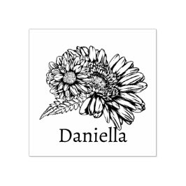 Chrysanthemum Zwarte Lijntekening met Uw Naam Rubberstempel